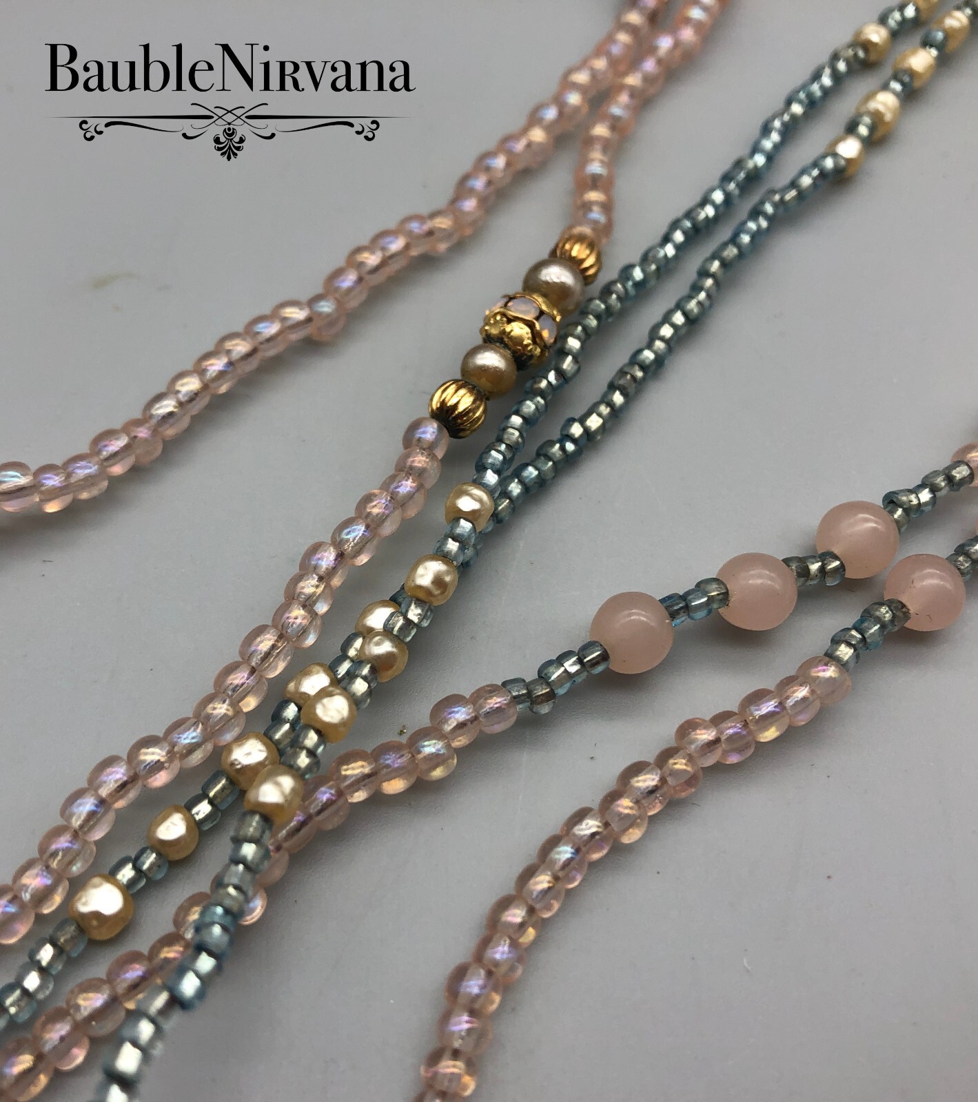 Set of 3 Vintage Aurora Borealis Glass Bead Necklaces Pink Blue Gold Never Worn