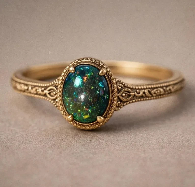 Black Opal Ring Vintage Gold Tone Oval Opal Engagement Promise Ring Women