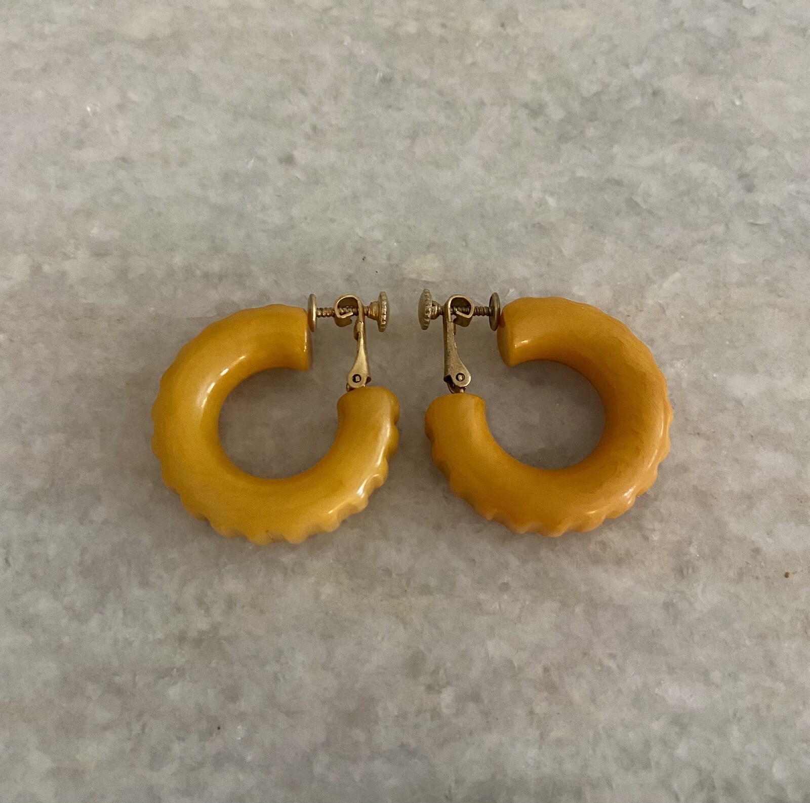 Vintage Butterscotch Bakelite Carved Hoop Adjustable Clip On Earrings