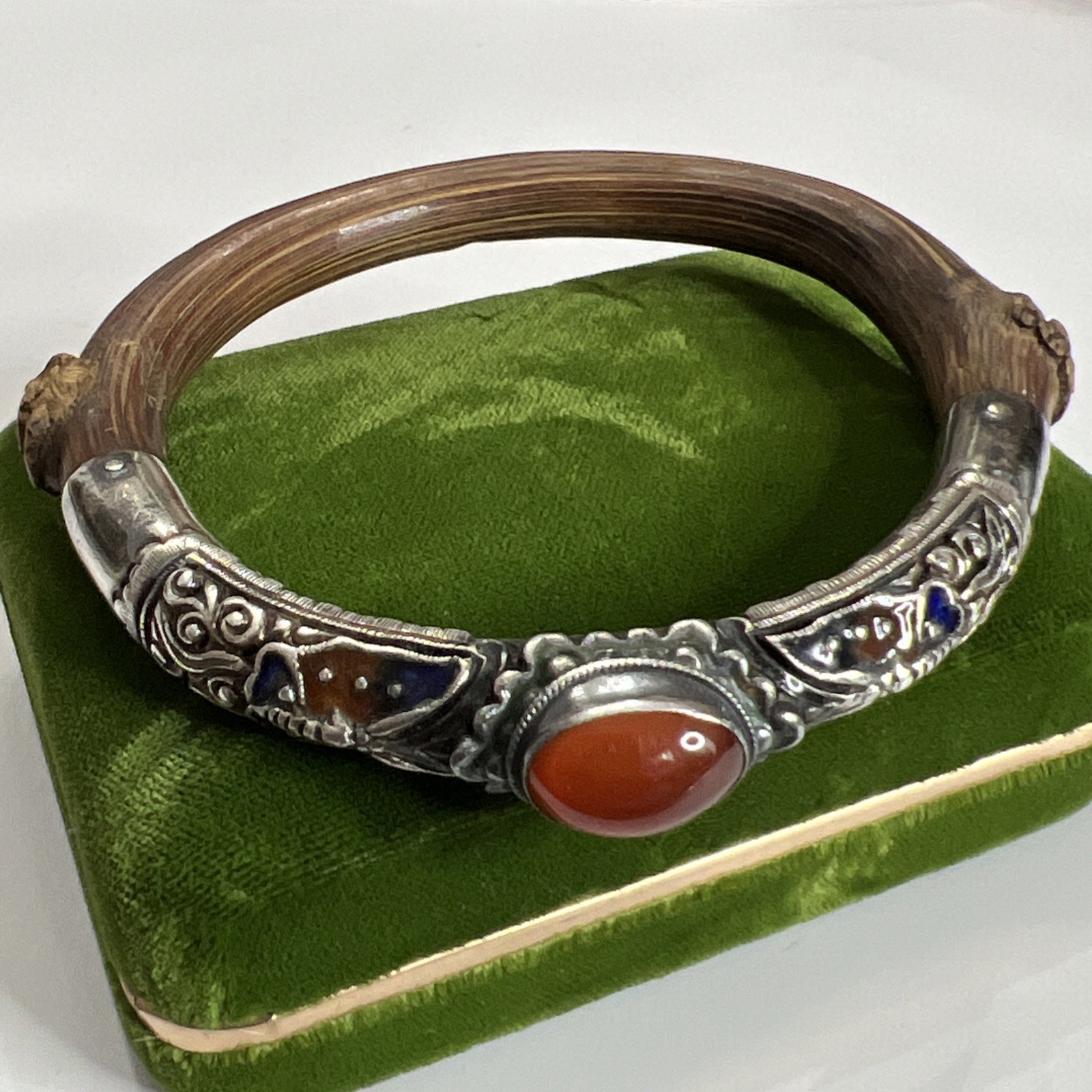 Antique Chinese Sterling Butterfly Enamel Carnelian Rattan Bamboo Bangle 7.75”