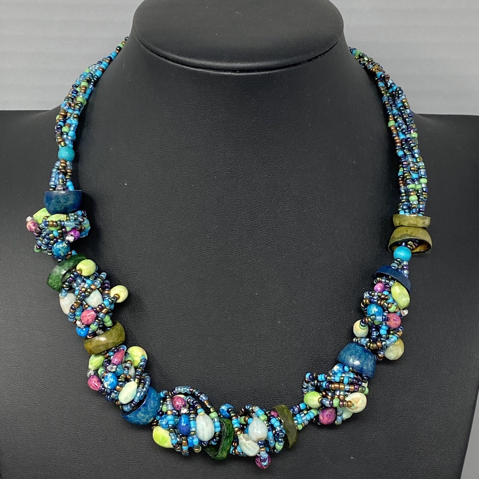 Boho Necklace Vintage Blue Multicolor Seed Bead Dyed Nut Multi Strand Collar 19″