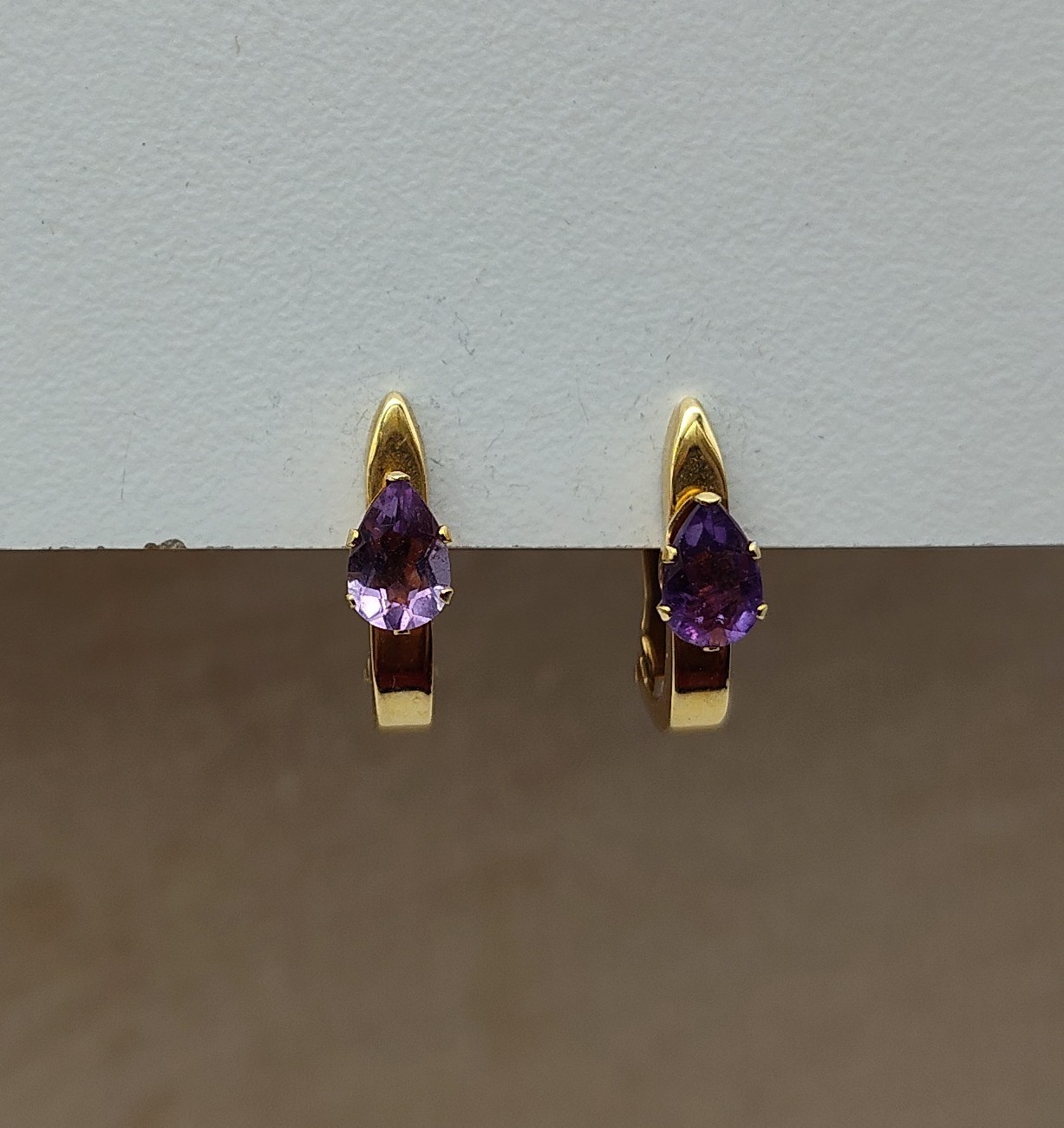 Vtg Hoop Amethyst Teardrop Stone 14k Solid Yellow Gold Post Earrings Dangle Drop