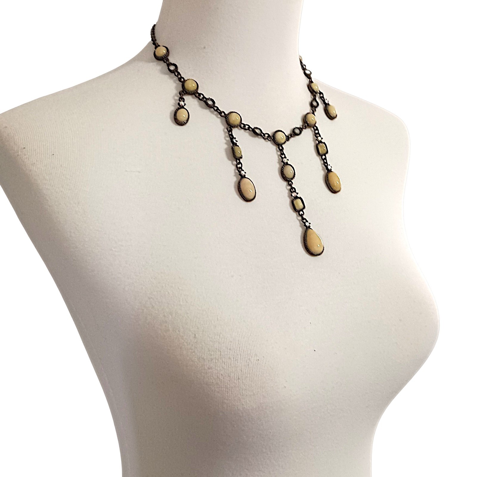 Vtg 90s Chandelier Bib Necklace Statement Egg Yolk Cabochon Art Nouveau Collar
