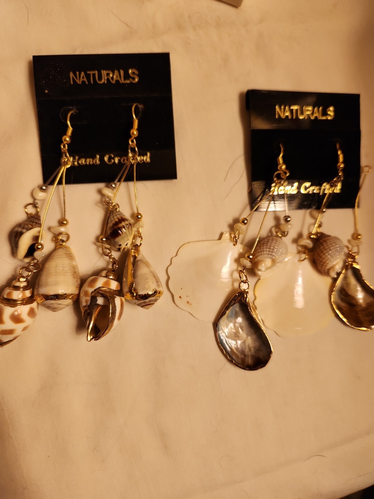 Vtg Sea shell gold trim foil natural estate Dangle Earrings 4″ Jewelry Lot of 2