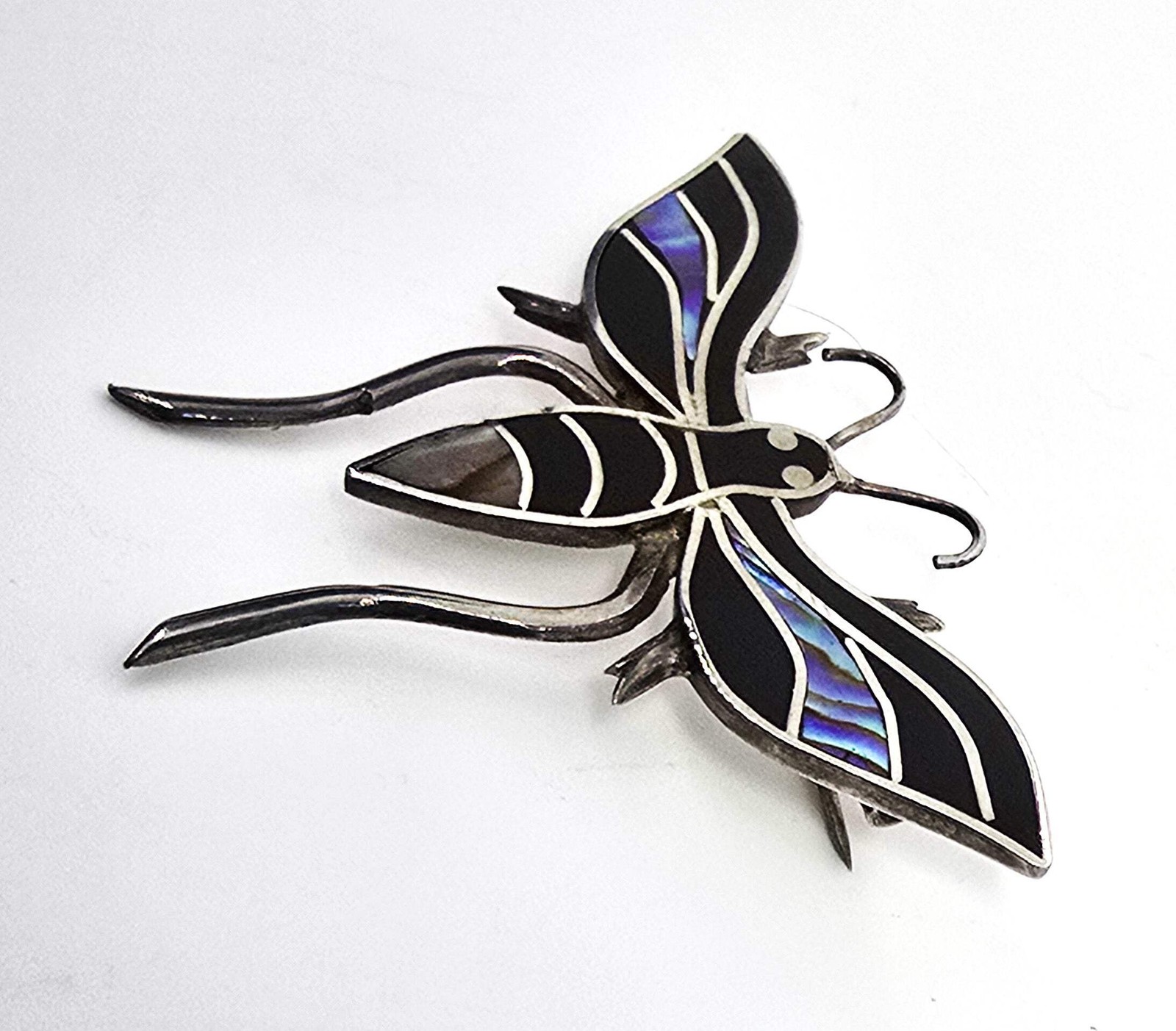 Bee Abalone Paua shell and black onyx inlay vintage sterling silver brooch B