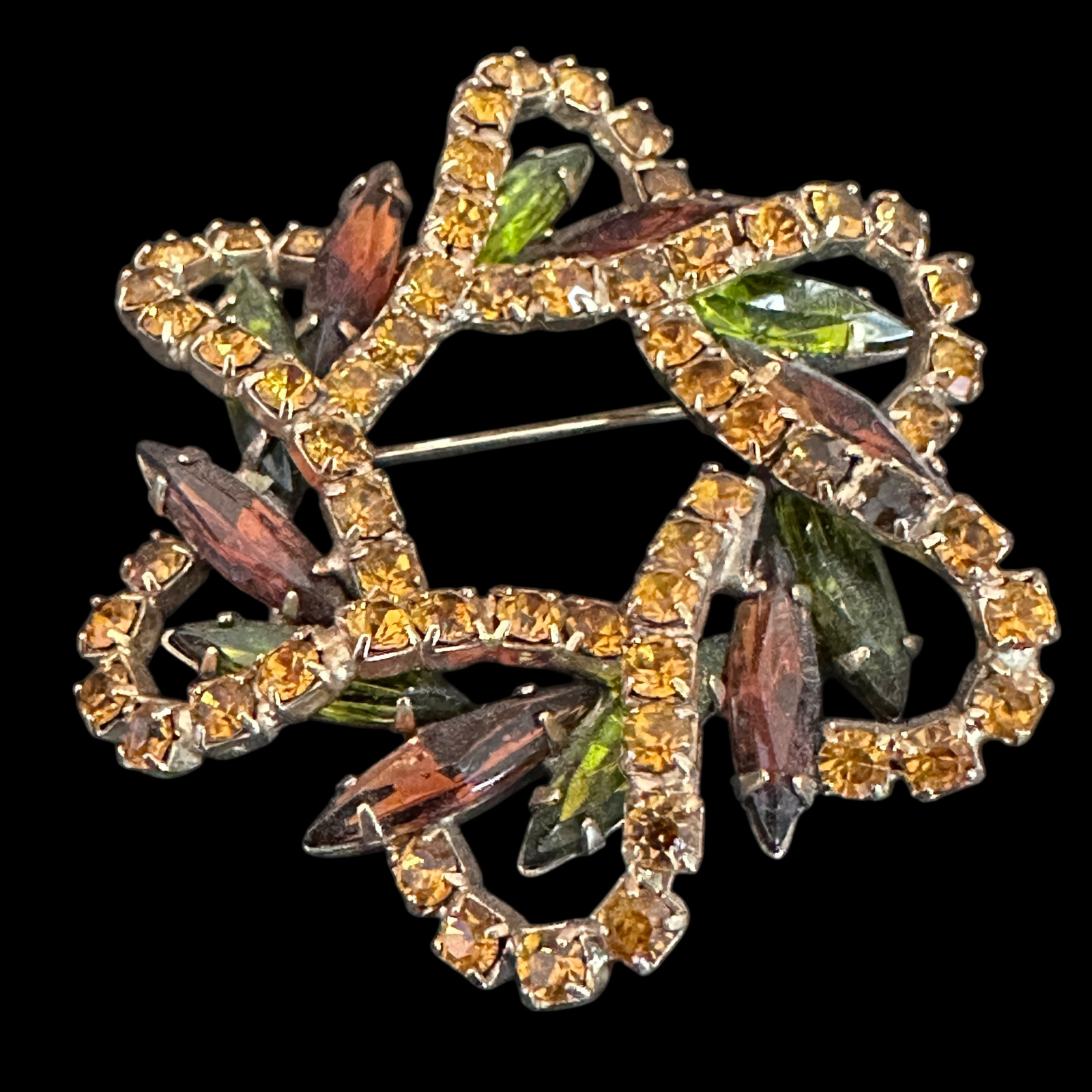 Vintage Rhinestone Brooch – Fall Colors Green & Amber Pinwheel 1960s