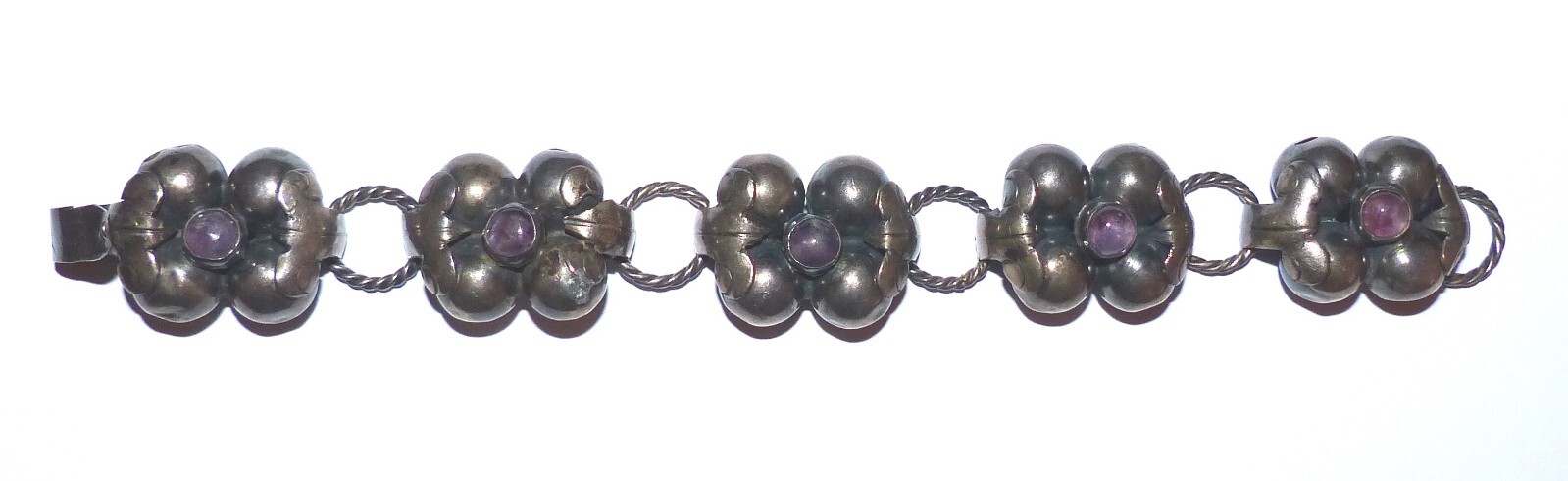 Mexican Silver Amethyst Bracelet With Slver Rope Links Vintage