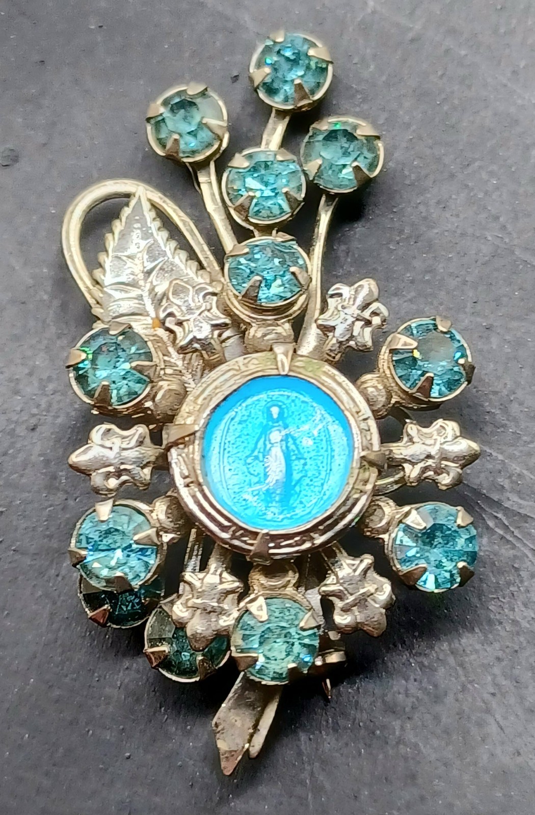 Vintage Virgin Mary Brooch Silver Tone Blue Enamel Mary Pale Blue Rhinestones