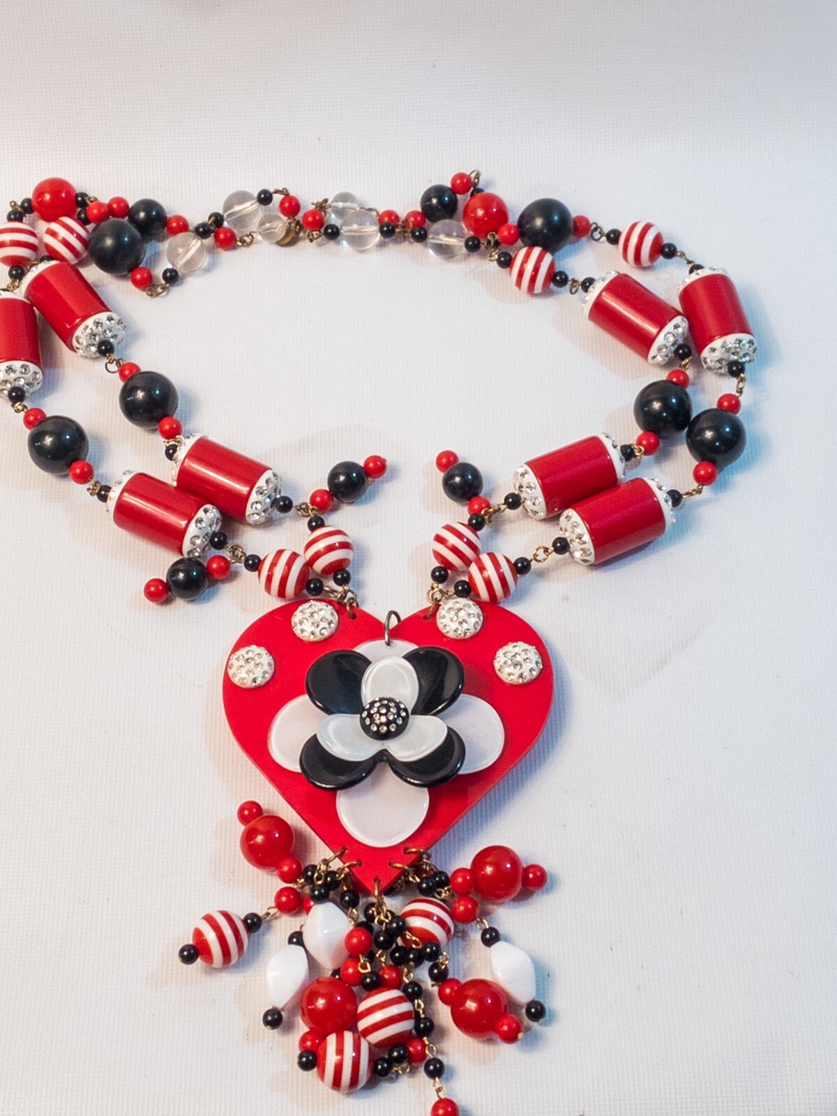 Vintage Anka Necklace Red White Black Lucite Crystal