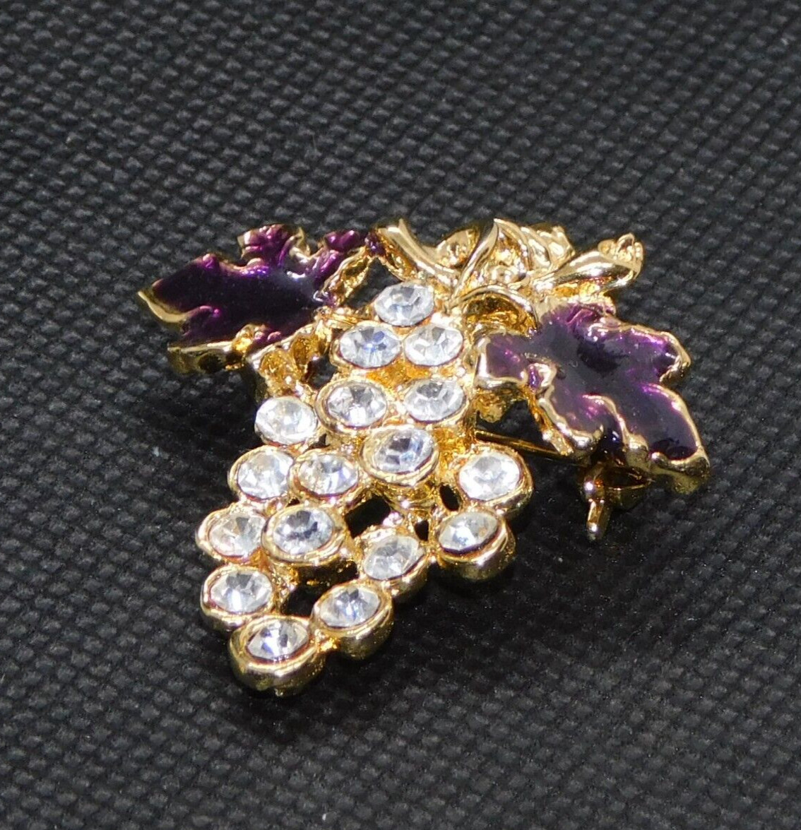 Grapes Vintage Pin Brooch Gold Tone White Rhinestone Purple Enamel Jewelry