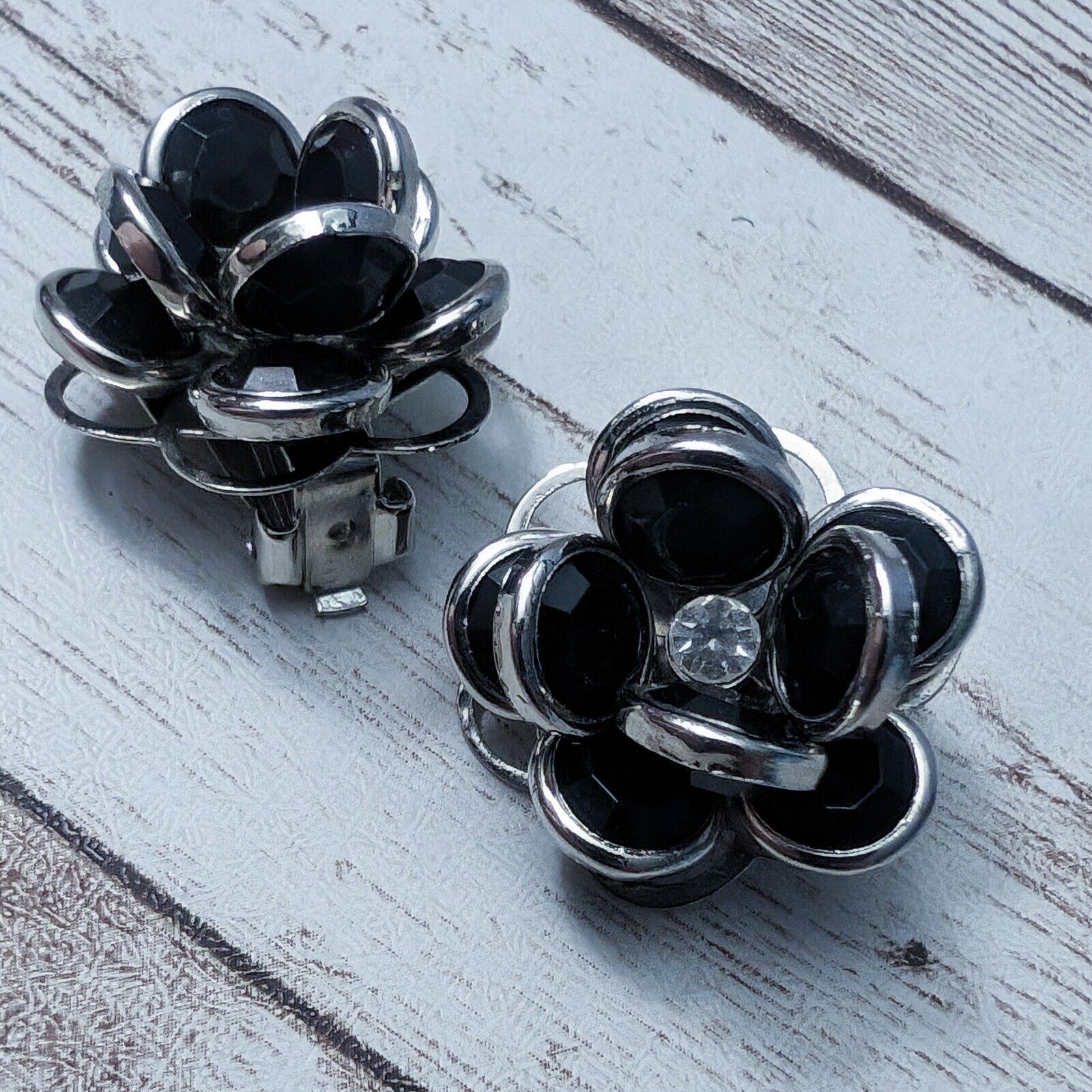 Vintage Clip On Earrings – Black & Silver Tone Flower with Clear Gem