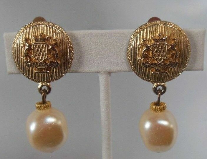 Vintage Signed Gay Boyer Faux Pearl Crown Dangle Clip-On Earrings