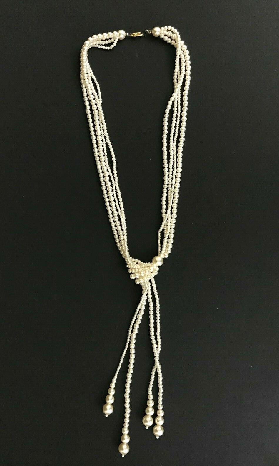 Stunning 4-Strand Multi Size Faux Pearls Adjustable Wrap Tassel Lariat Necklace
