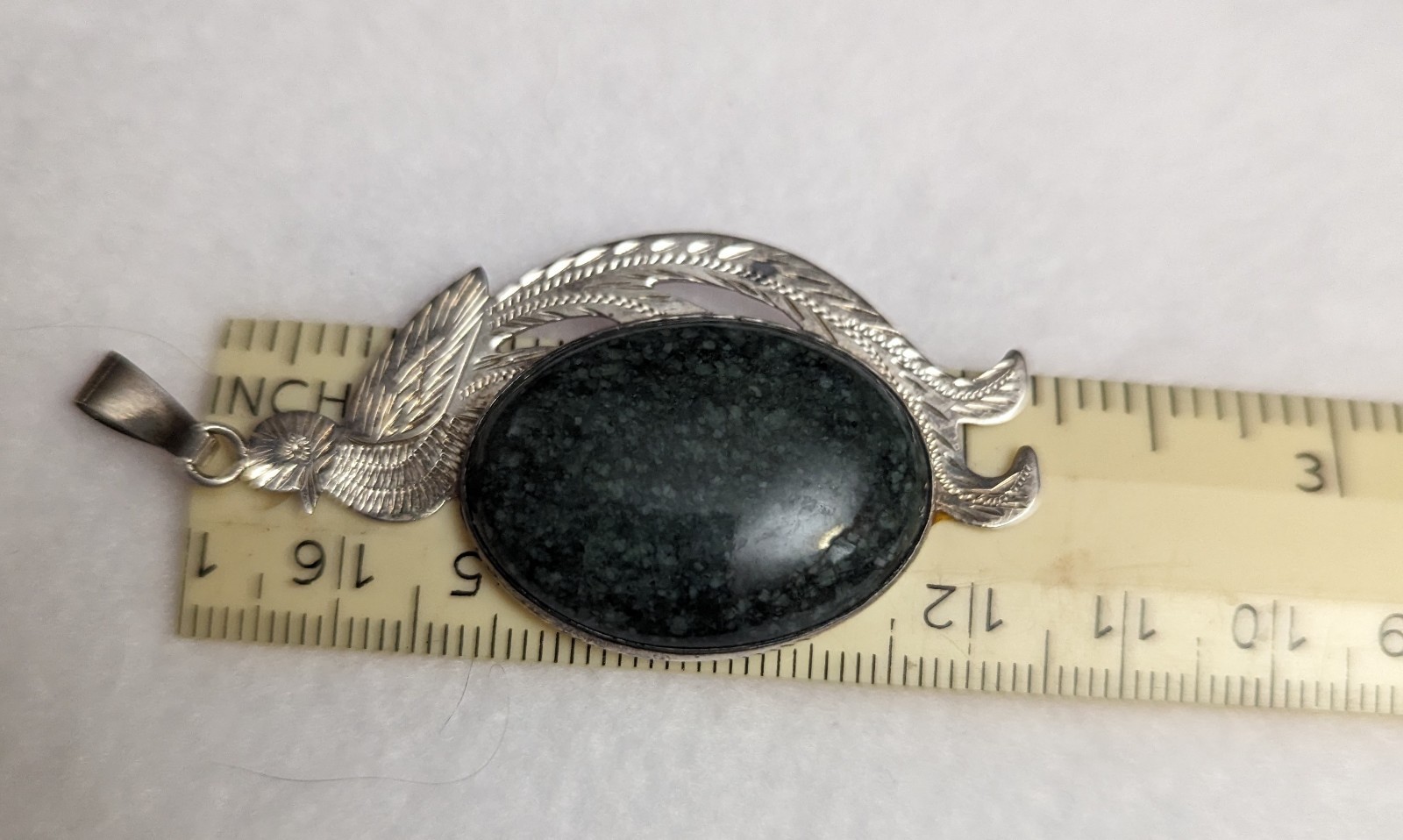 Quetzal Coutl Bird Pendant Sterling Silver Etch Oval Guatamalan Jade VTG