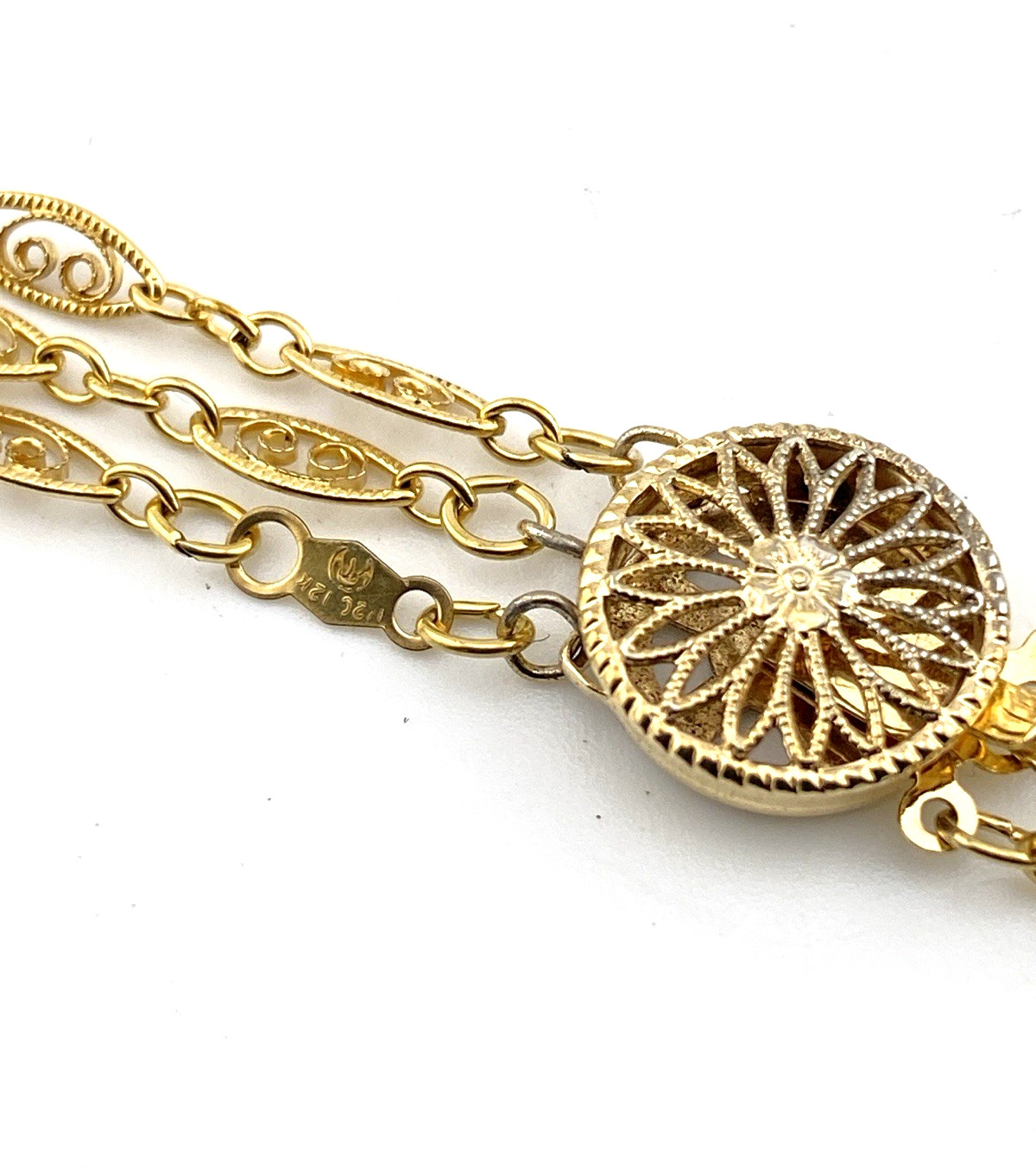 Triple Strand Filigree Link Gold Filled Necklace Vermeil Clasp 16 1/4 In