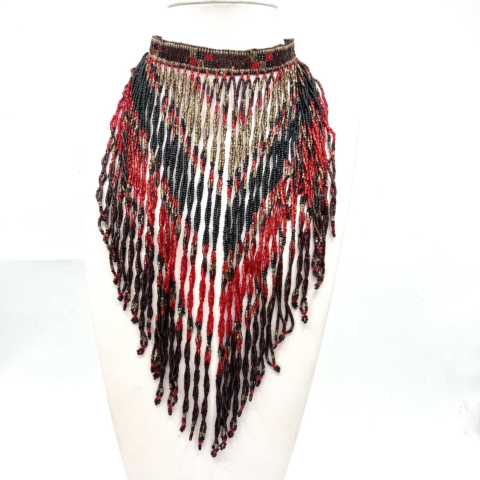 Vintage 1970s Exotic Beaded Fringe Necklace Red Black Gold Drippy Bib Statement