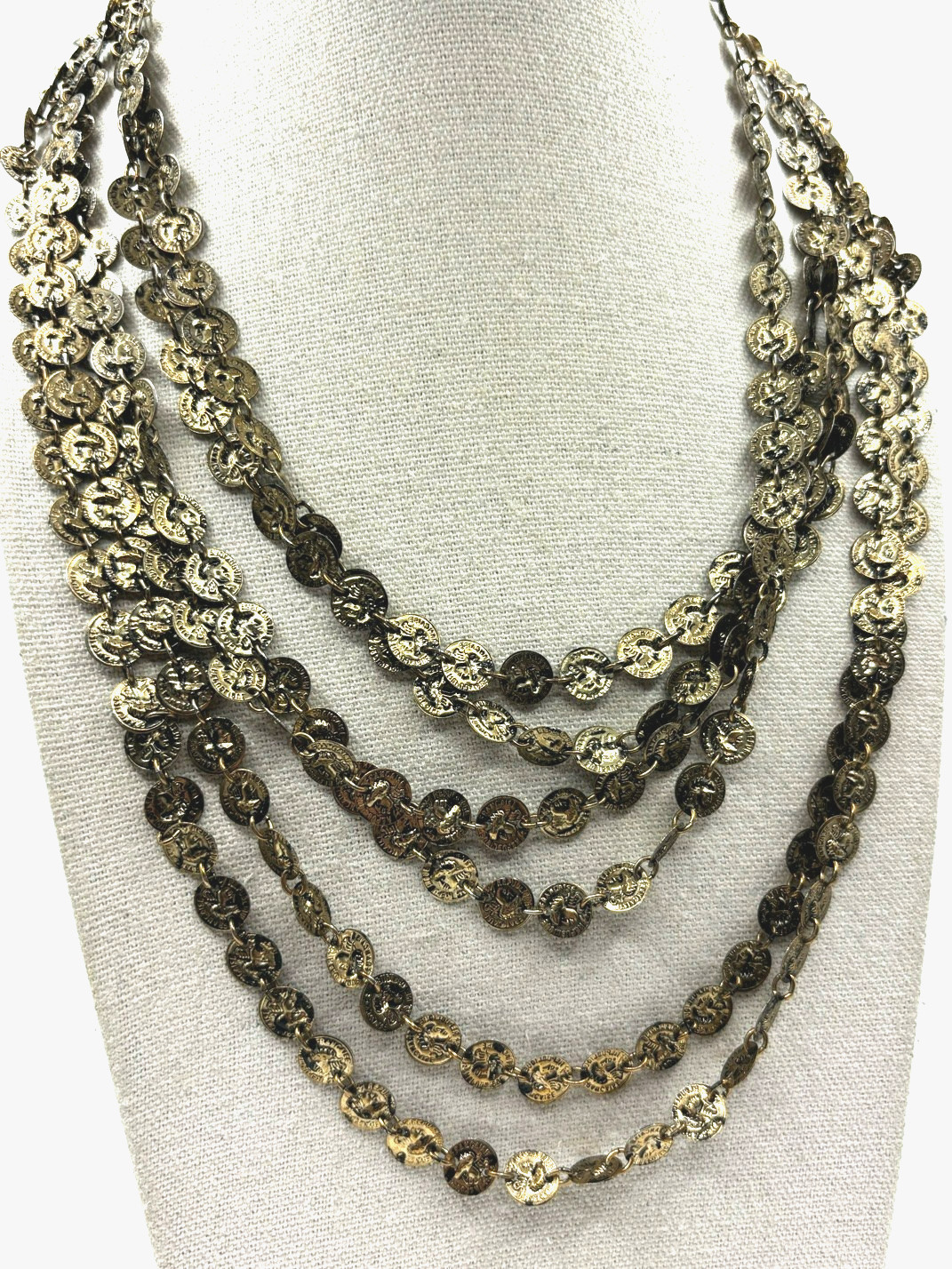 Vintage Mini Republic Of France Coin Link Multi Chain Gold Tone Layered Necklace