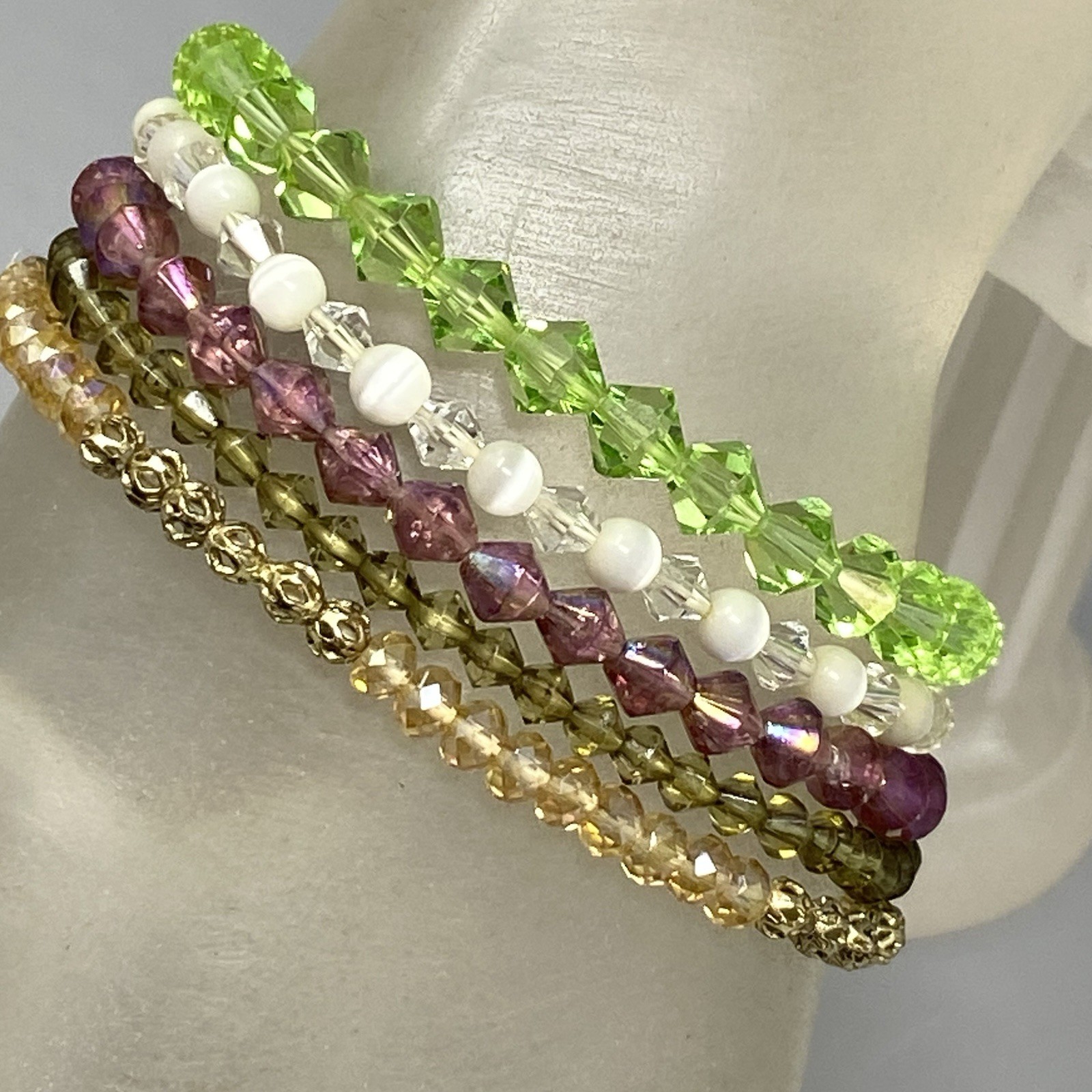 Glass Beaded Bracelet Lot (5) Purple Green White Stretch Mini Faceted Coated 6″
