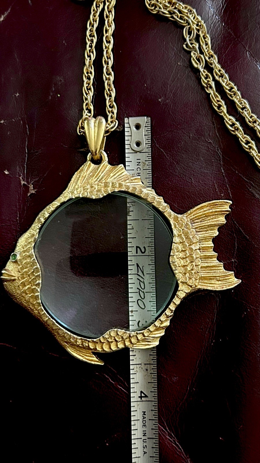 Vintage Signed FLORENZA Fish Jelly Belly Magnifying Glass Pendant Necklace 70s