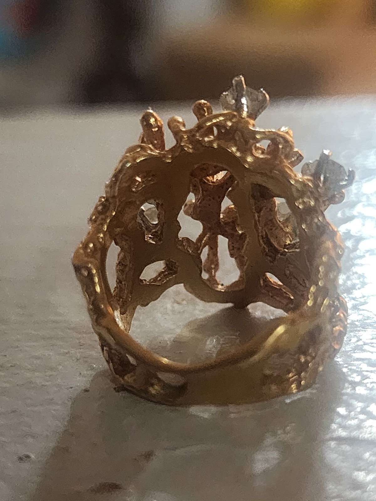 Vintage CZ Brutalist Cocktail Nugget Ring 18k HGE Gold Electroplate Size 4.75