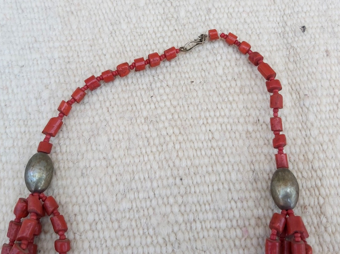 Vintage Tribal Coral Glass & Resin Copal Necklace Ethnic Metal Beads Boho Statem