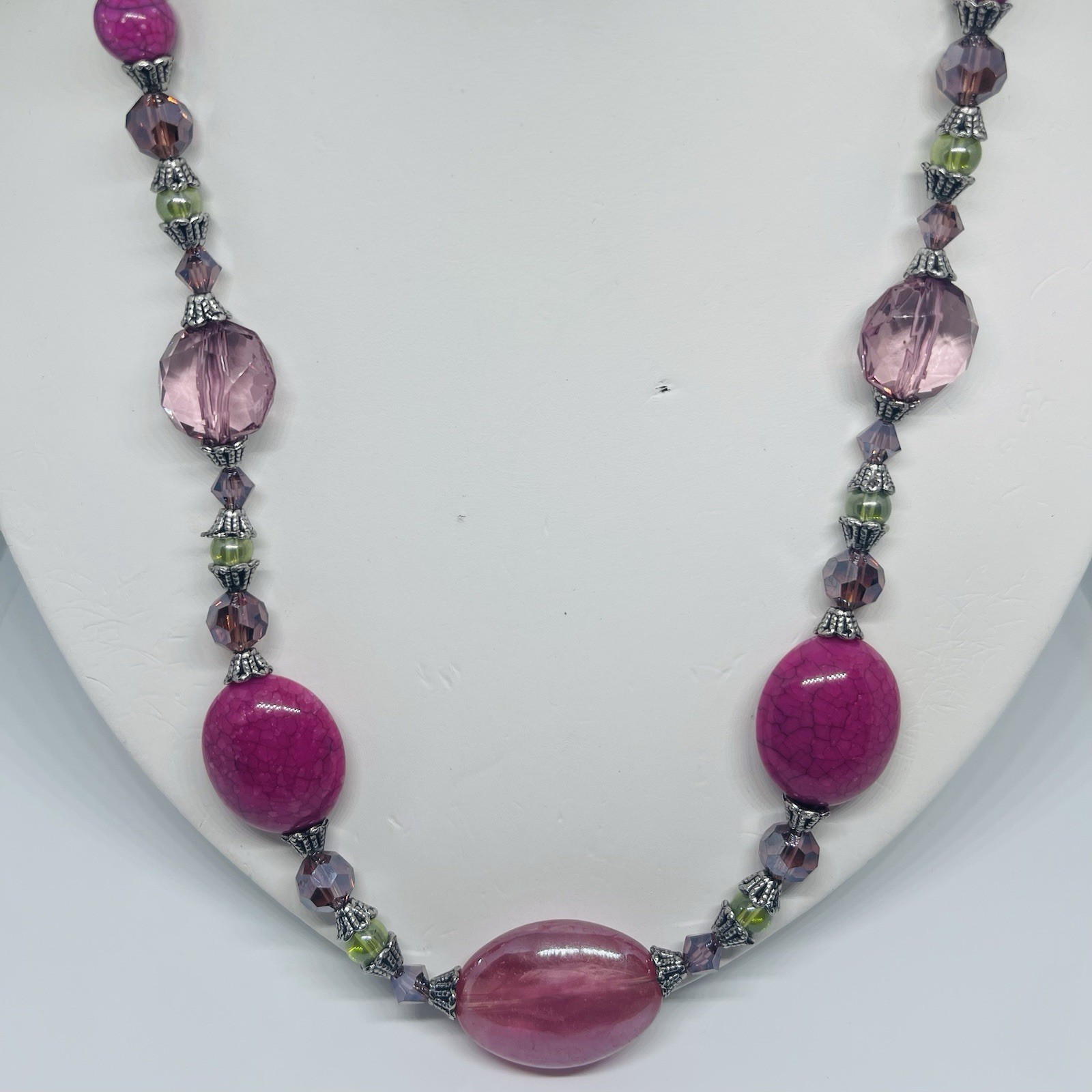 Vintage 80’s Pink And Green Glass And Crystal Bead Necklace & Earrings Set 20”