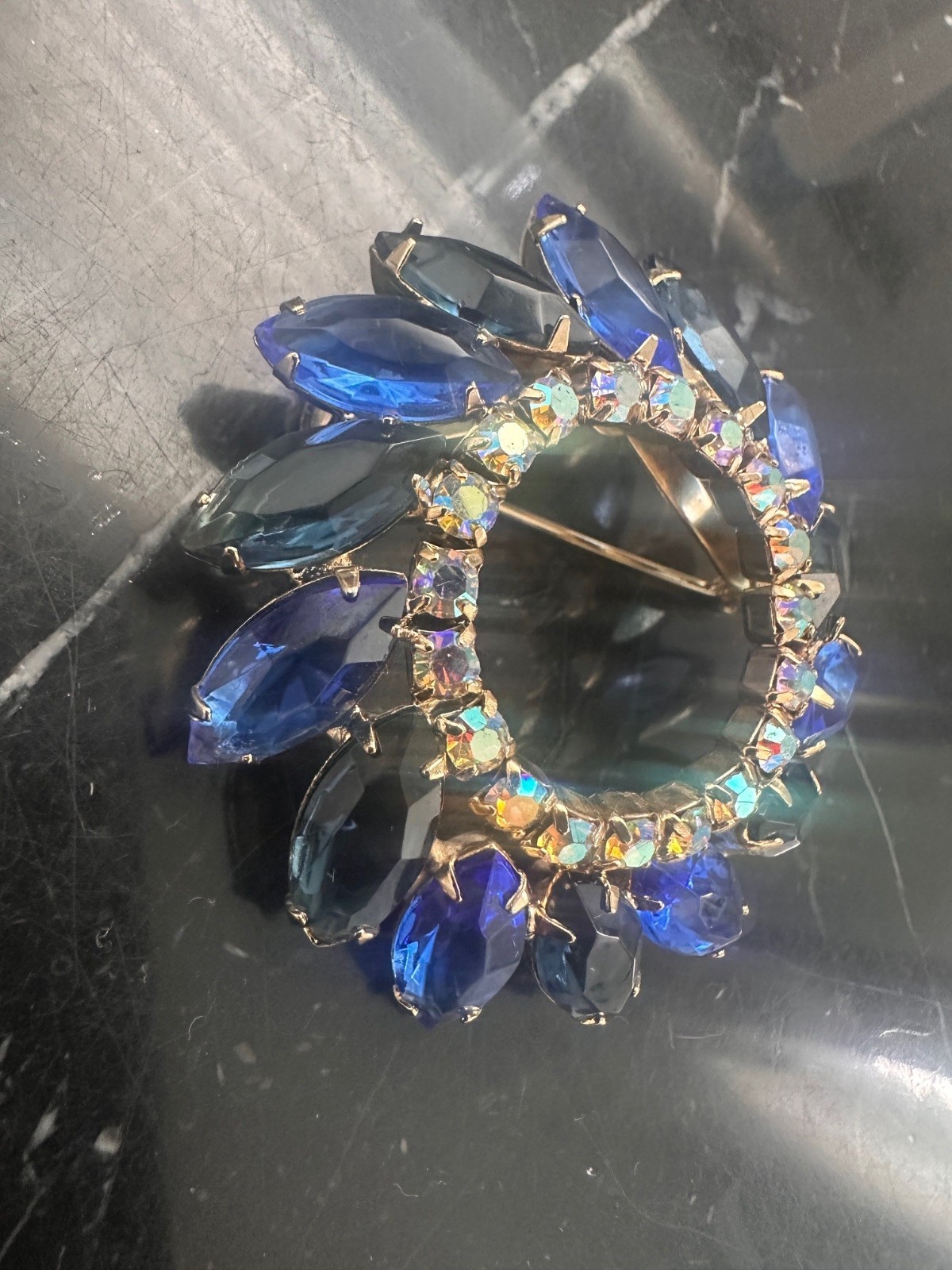 Vintage Flower Aurora Borealis Rhinestones Gold Tone Brooch Pin-1950s