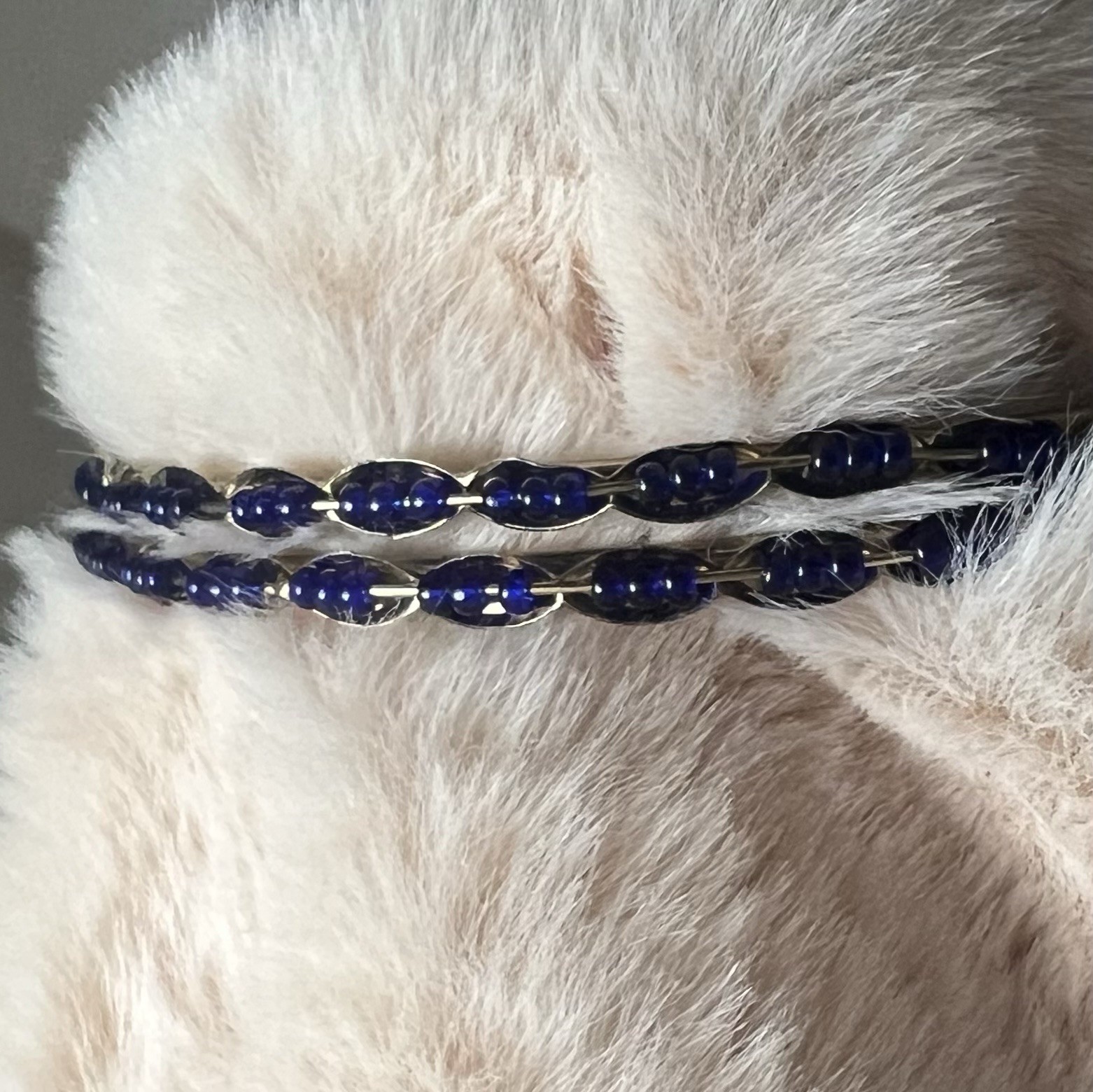 Vintage Blue Trade Bead Bangle Bracelets Brass/Gold-Tone Metal
