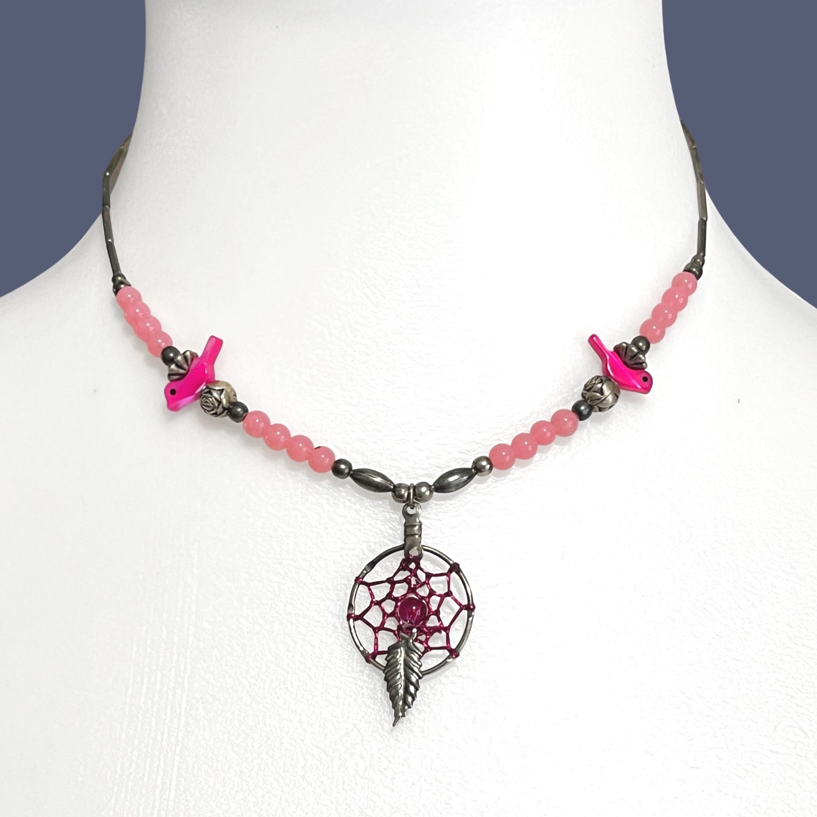 VTG Dreamcatcher Necklace Silver Tone Pink Bird Beaded Choker Southwest Handmade