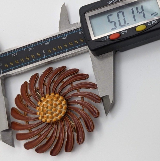 Vintage Enamel Flower Brooch Mod Brown Daisy Sunflower Pin Retro Distressed 2”..