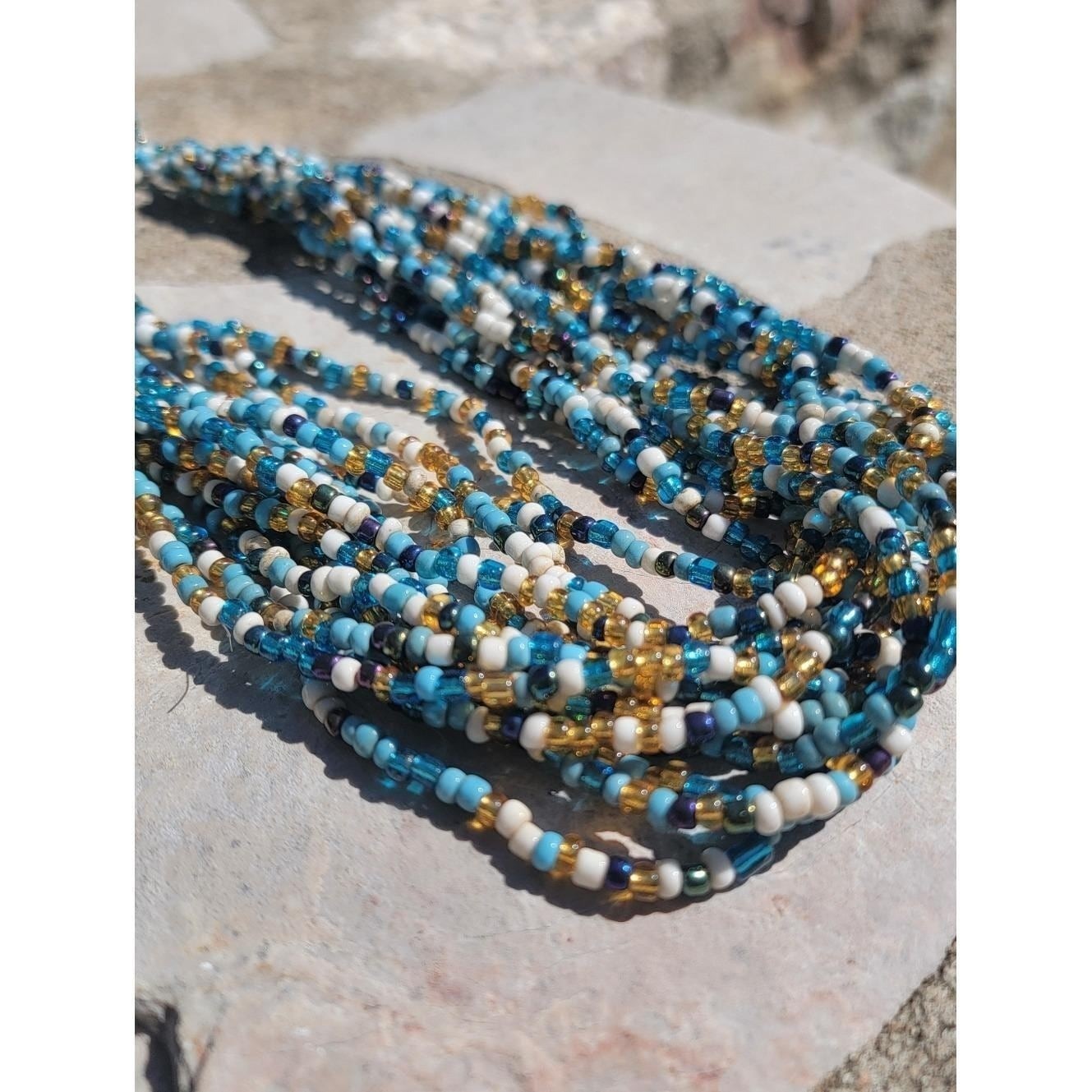 Vintage Blue White Gold Multi Strand Seed Bead Necklace Boho Statement Unsigned