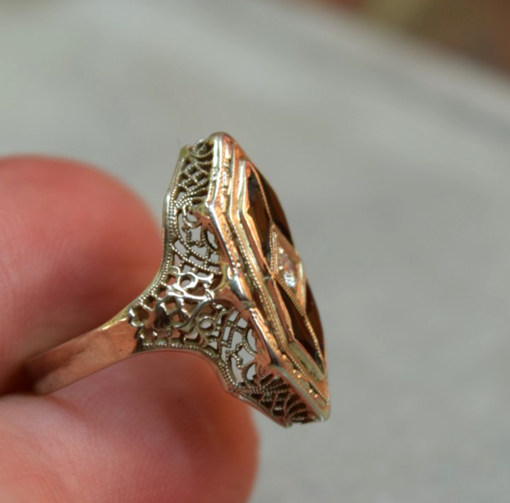 Antique Art Deco 14K White Gold Filigree Black Onyx Diamond Ring sz