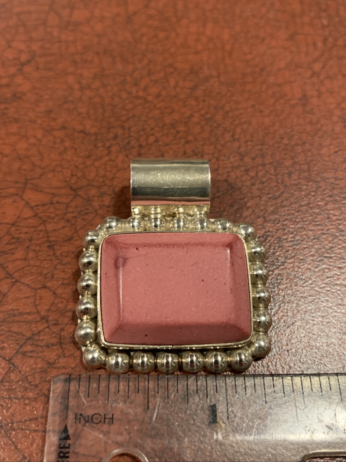 Polished Pink Stone Sterling Silver Rectangular Statement Necklace Pendant
