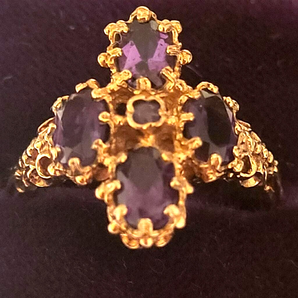 LARGE ANTIQUE 9K ROSE GOLD CLUSTER AMETHYST 5 STONE VICTORIAN FILIGREE