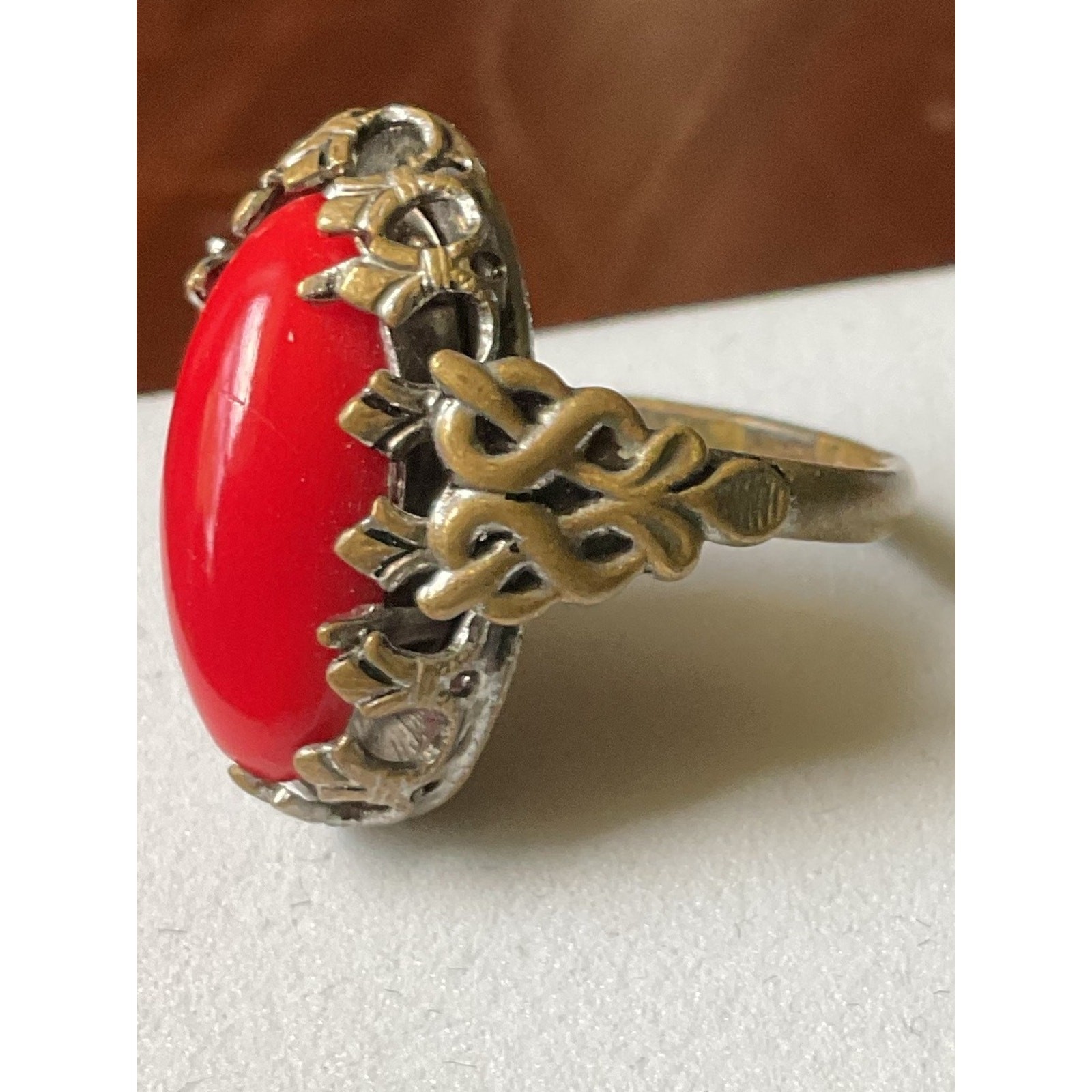 Vintage Red Coral Filigree Gold Tone Ring Size 7