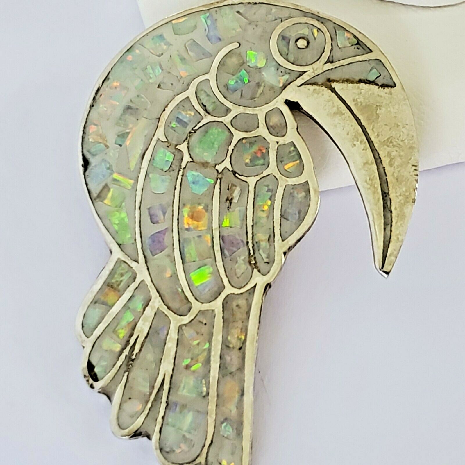 Vintage 925 Sterling Silver Iridescent Faux Opal Chip Inlay Toucan Large Pendant