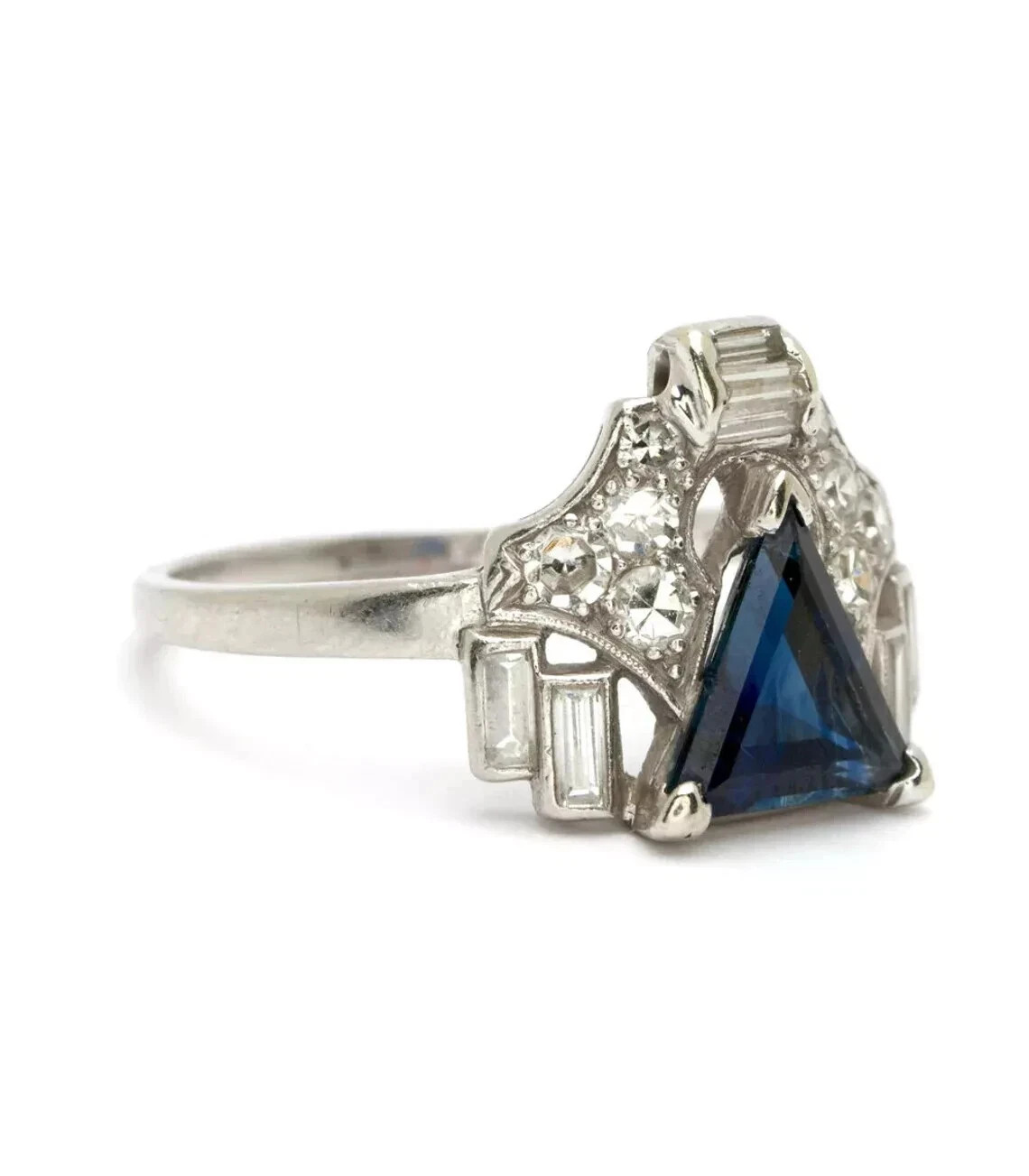 Art Deco Style Sapphire& Lab Created Diamond 14k White Gold FN Engagement Ring
