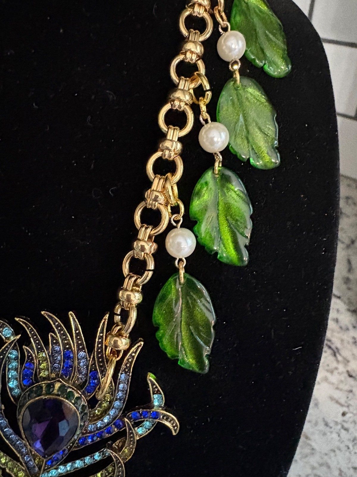 Triple Rhinestone Peacock Feather Statement Necklace-Repurposed & 1 of a Kind!
