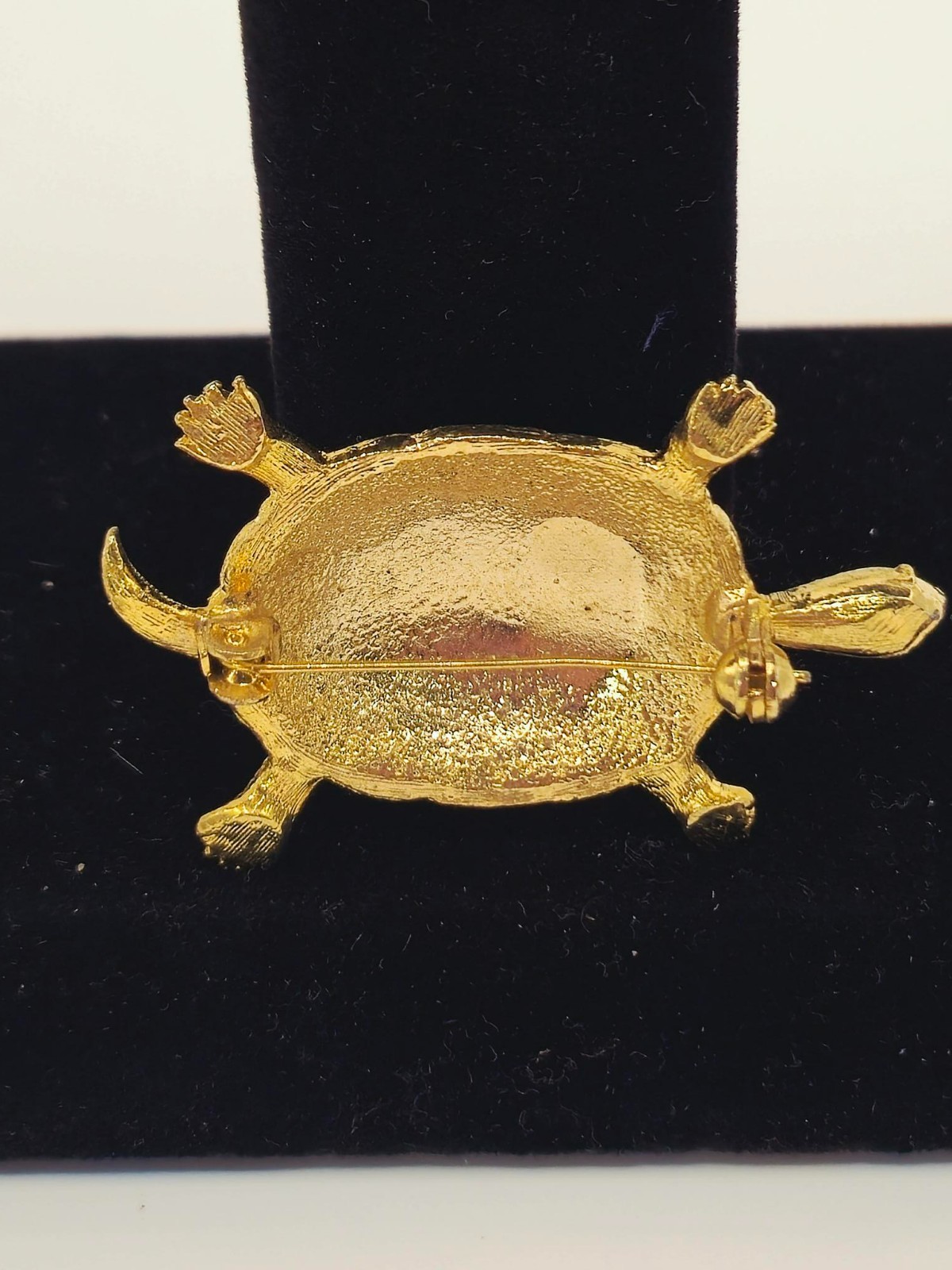 Vintage Gold Tone Green Enamel Turtle Brooch Pin Textured Tortoise Figural
