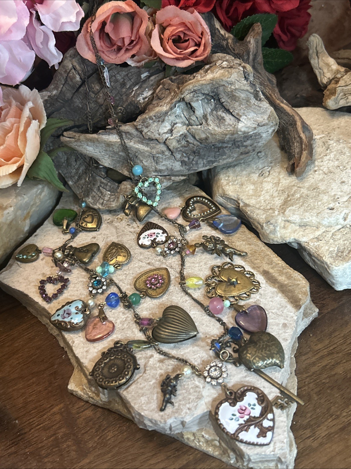 50. GLASS WORKS STUDIO Brass Multi Color Glass Heart Enamel Flower Necklace 33″