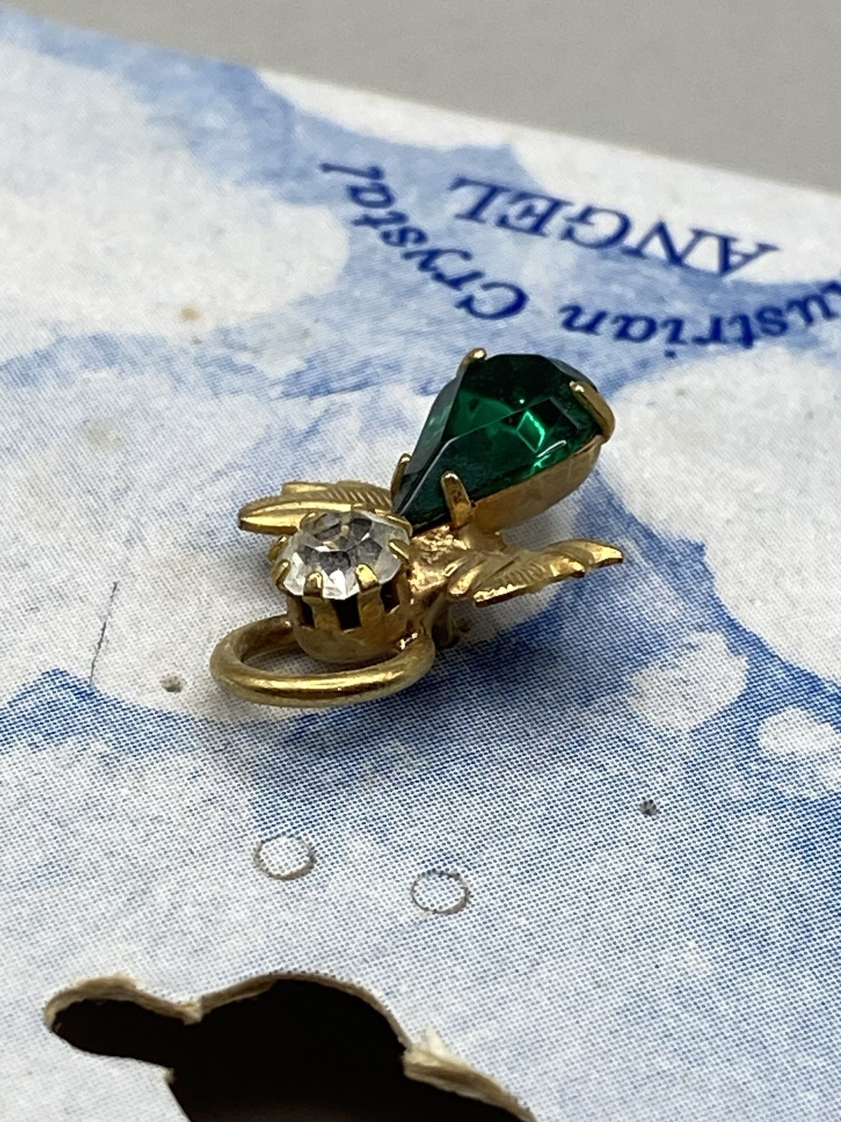 NOS Vintage Emerald Green Angel Lapel Pin w/Australian Crystal May Birthstone