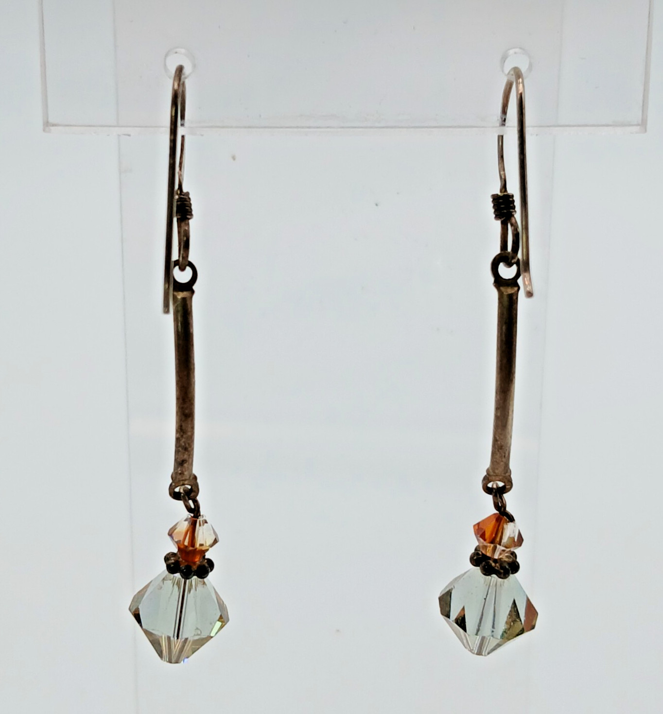 925 Crystal Drop Earrings 1.75in Sterling Silver 2g Aqua Blue Amber Tone Bicone