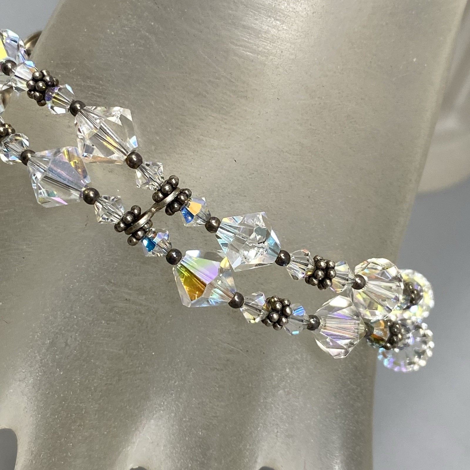 Aurora Borealis Glass Bead Bracelet Bicone Faceted Double Strand Tennis 7.5″