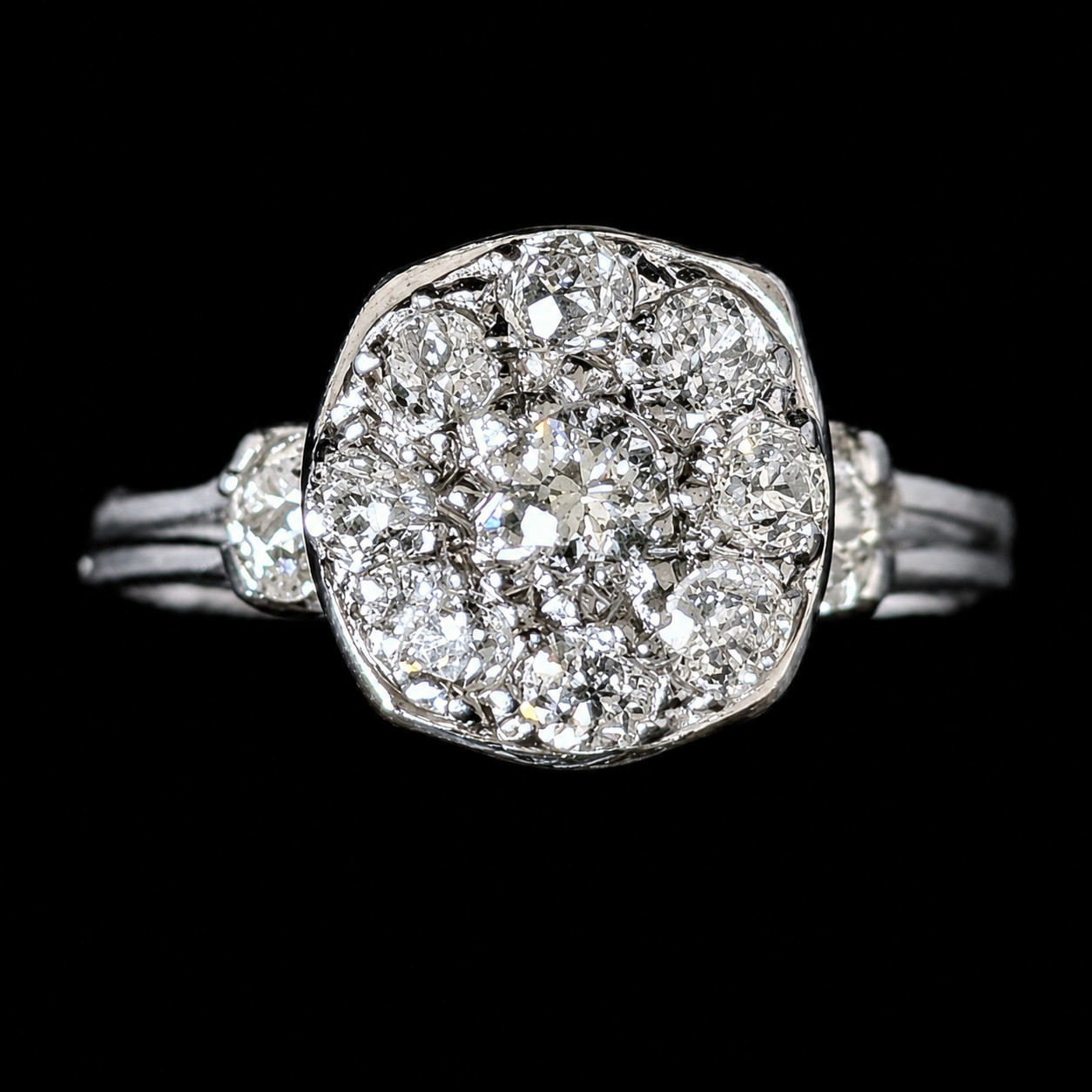 Vintage Old European Cut Diamonds 12k-14k White Gold Cluster Cocktail Ring Gift