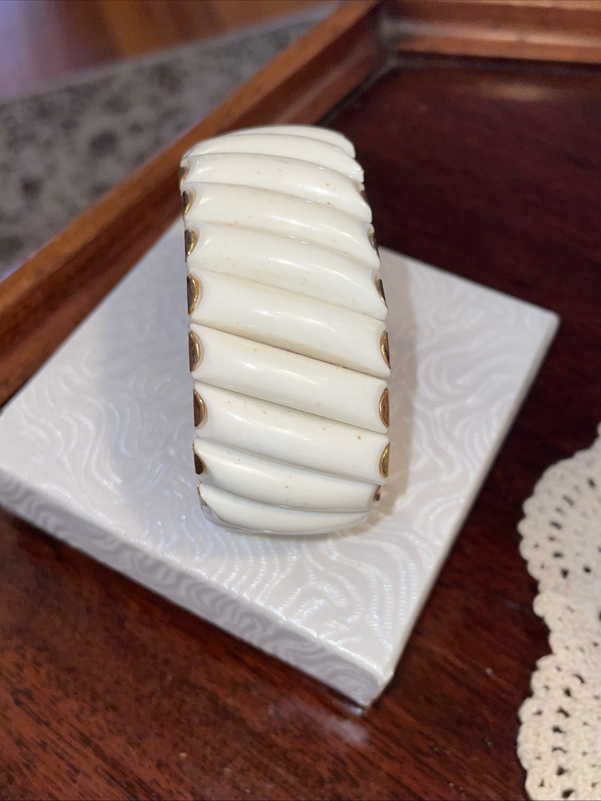 Vintage hard white plastic gold tone stretch expanding cuff bracelet Hong Kong