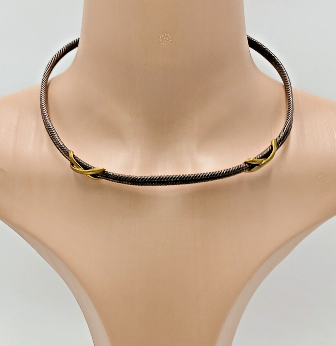 VTG 925 Taxco Mexico Heavy Cable Choker Necklace 61g Two Tone Accent End Caps