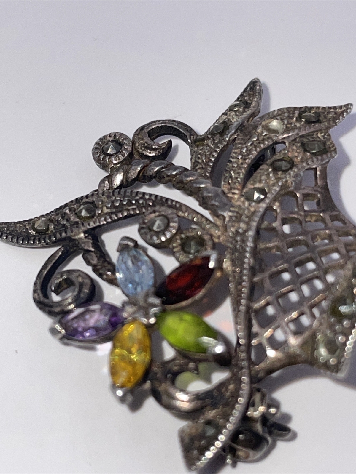 VTG Sterling Silver Marcasite Gemstone Flower Basket Brooch Pin Designer Signed