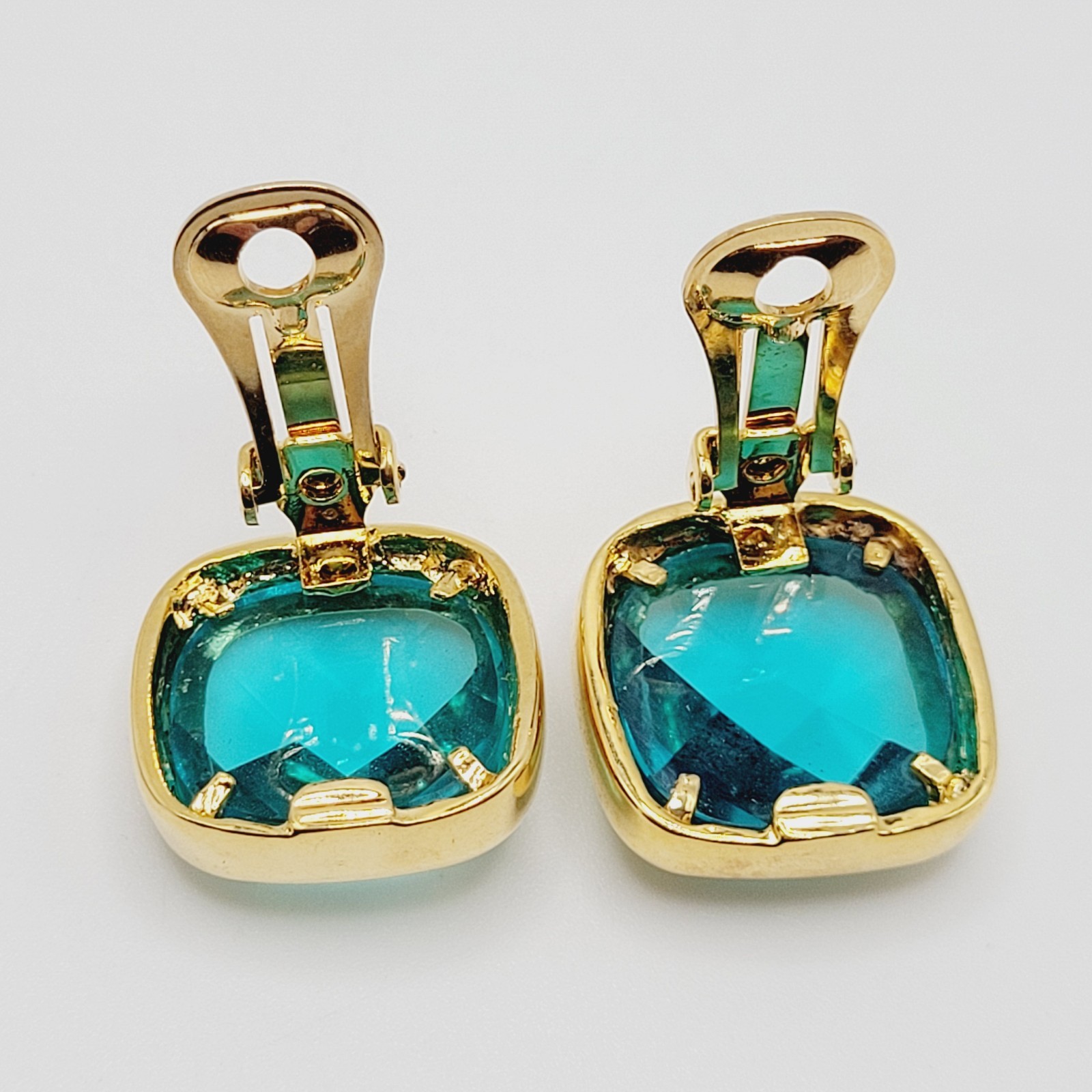 Aqua Light Blue Green Faceted Glass Soft Square Gold Tone Bezel Clip On Earrings