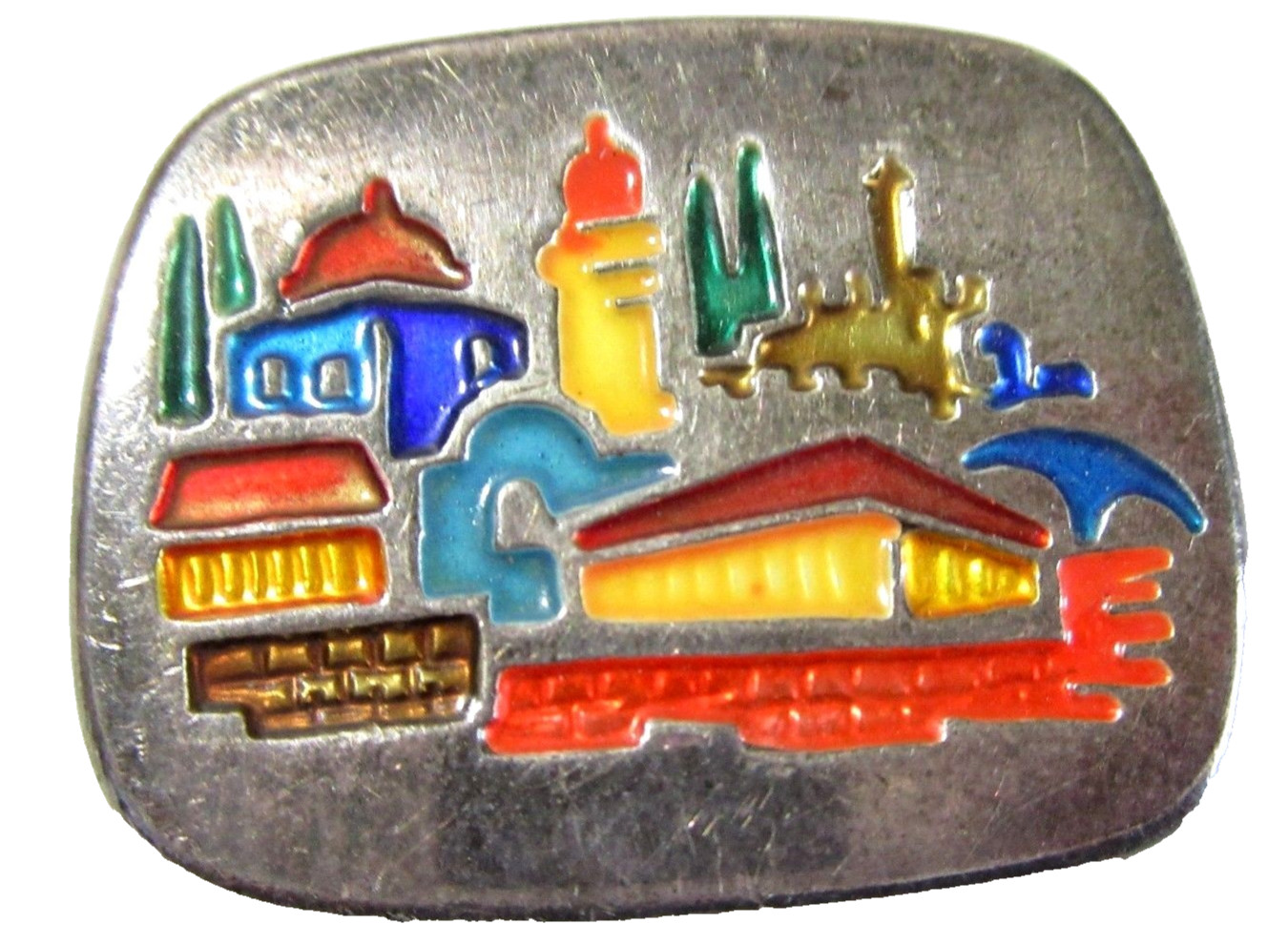 PENDANT SILVER TONE AND ENAMEL LANDSCAPE BUILDINGS VINTAGE MADE IN ISRAEL