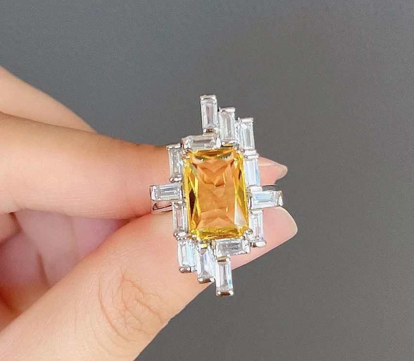 Honey Yellow Emerald Cut Citrine & Baguette CZ Geometric Design 925 Silver Ring